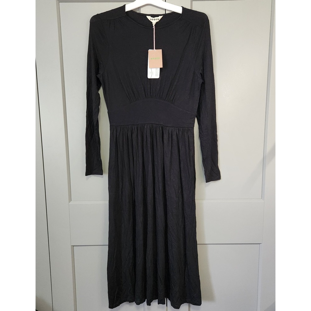 Boden New Black Long Sleeve Midi Dress US 6 UK 10 Jersey EcoVero Pockets D1059